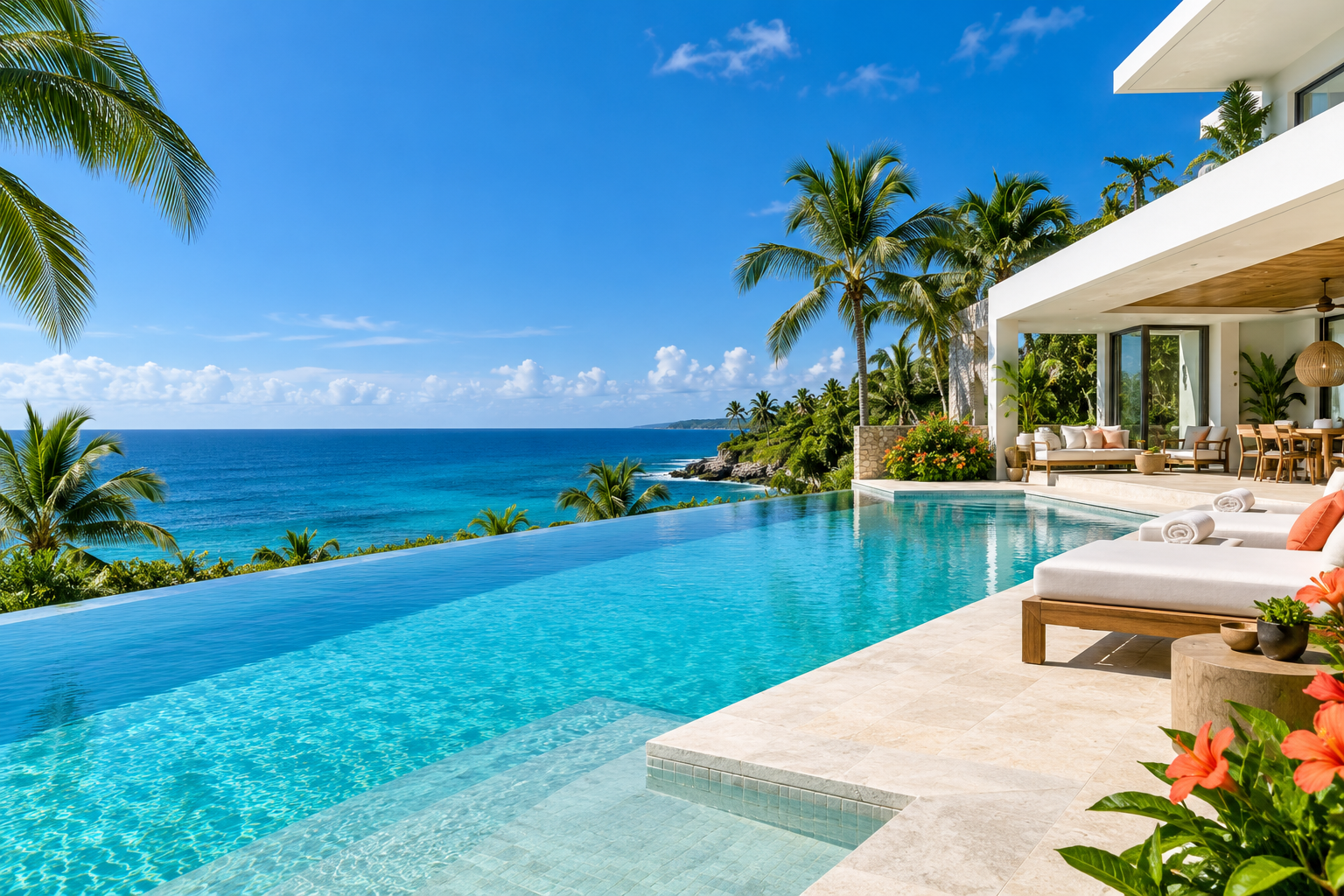 Illustrative Caribbean pool and villa concept, not verified Emerald work